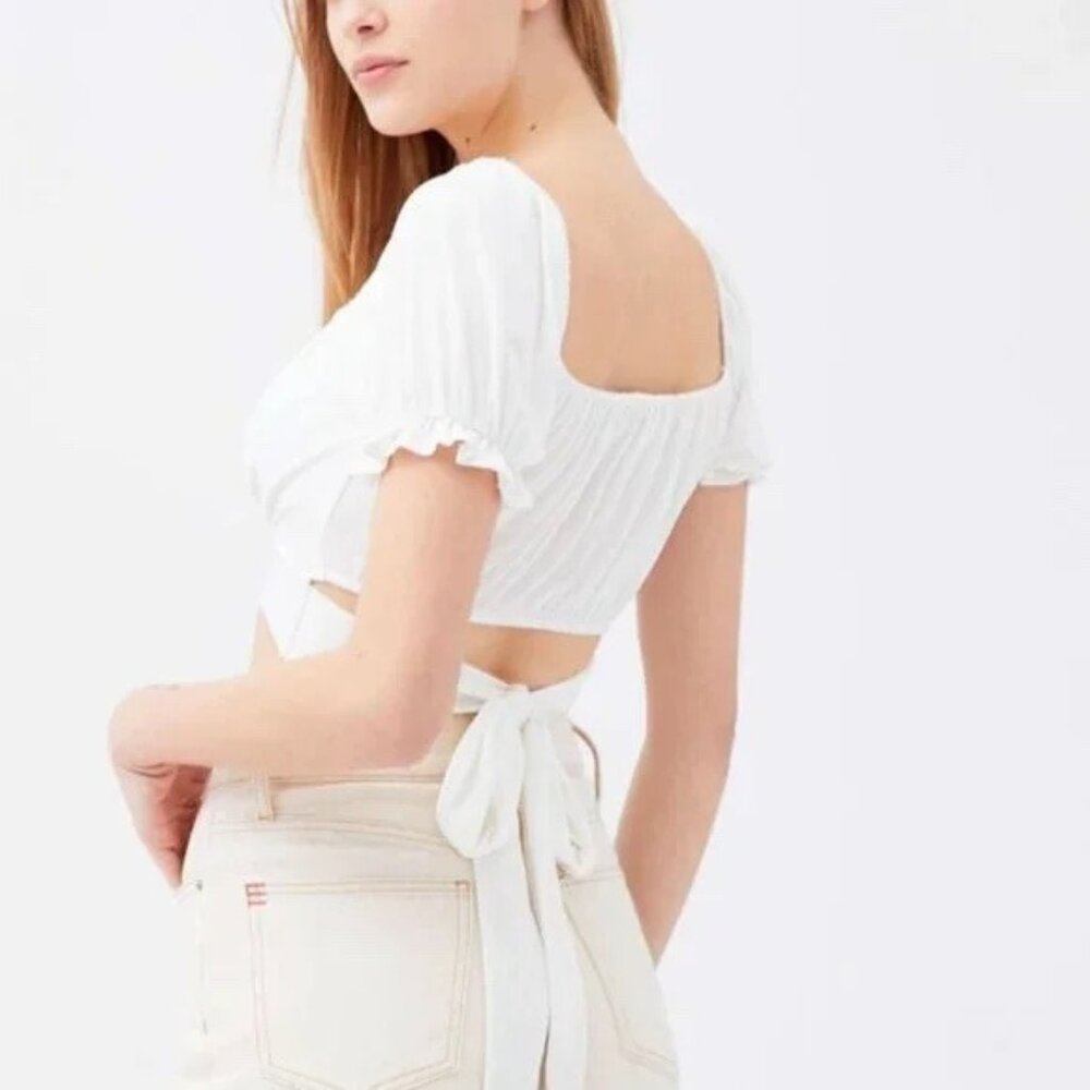 Urban Outfitters White Pique Puff Sleeve Cropped Wrap Top Size S